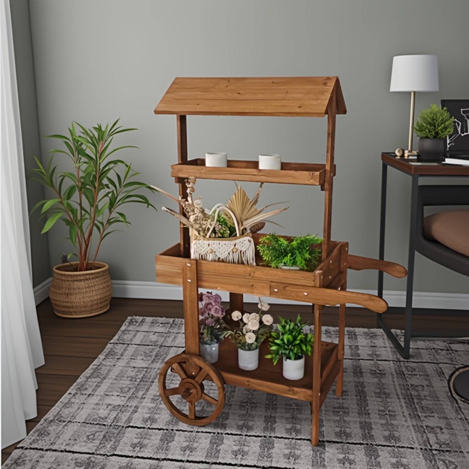Home Decor Market - عربة زهور خشبية بعجلات زخرفية، حامل