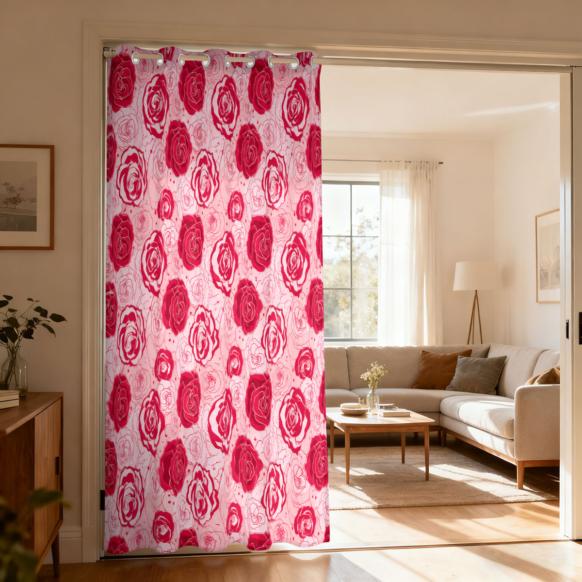 Home Decor Curtain - ستارة بحلقة واحدة بتصميم وردة وردية