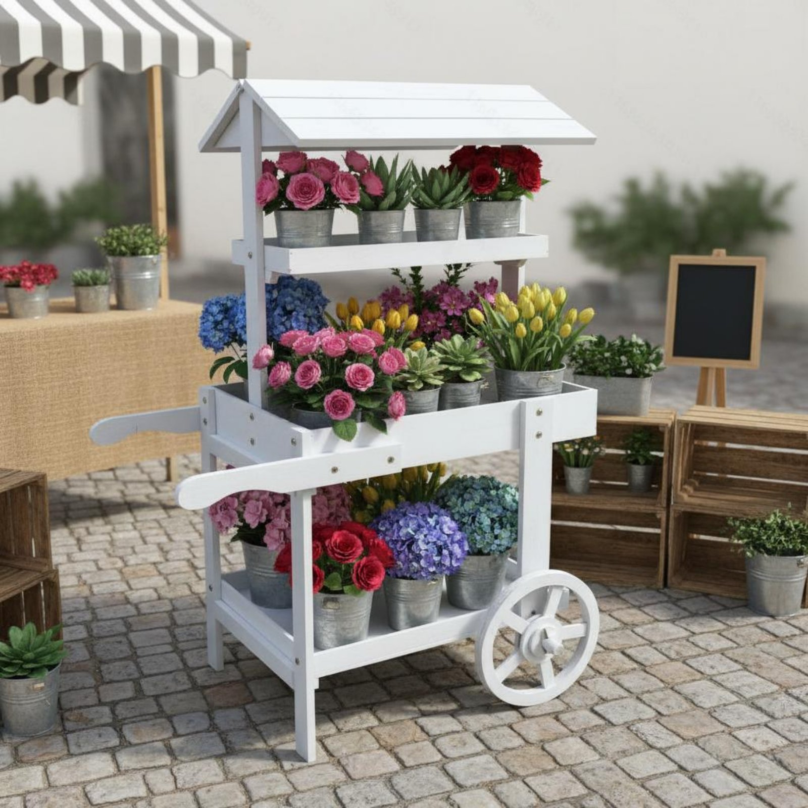 عربة زهور خشبية بعجلات زخرفية، - مراجعة Home Decor Market وسعره