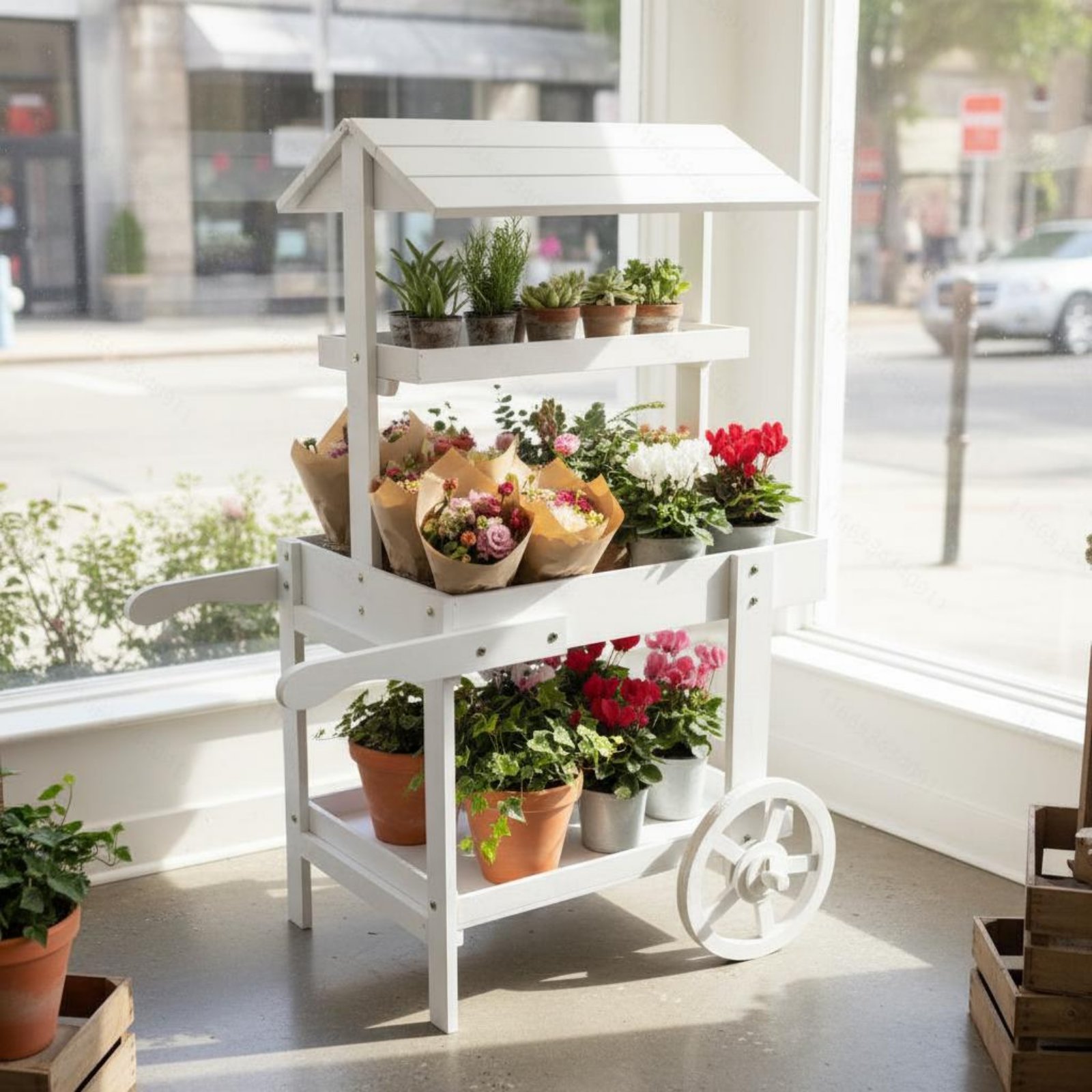 عربة زهور خشبية بعجلات زخرفية، - مراجعة Home Decor Market وسعره